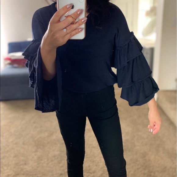 RO & DE Navy Blue Sweater Top Ruffle Sleeve - Picture 4 of 7